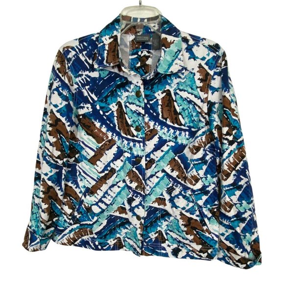 Chicos Additions Womens Shirt Size 1=M/8 Button Down Brown Blue Pockets Stretch - Picture 6 of 8